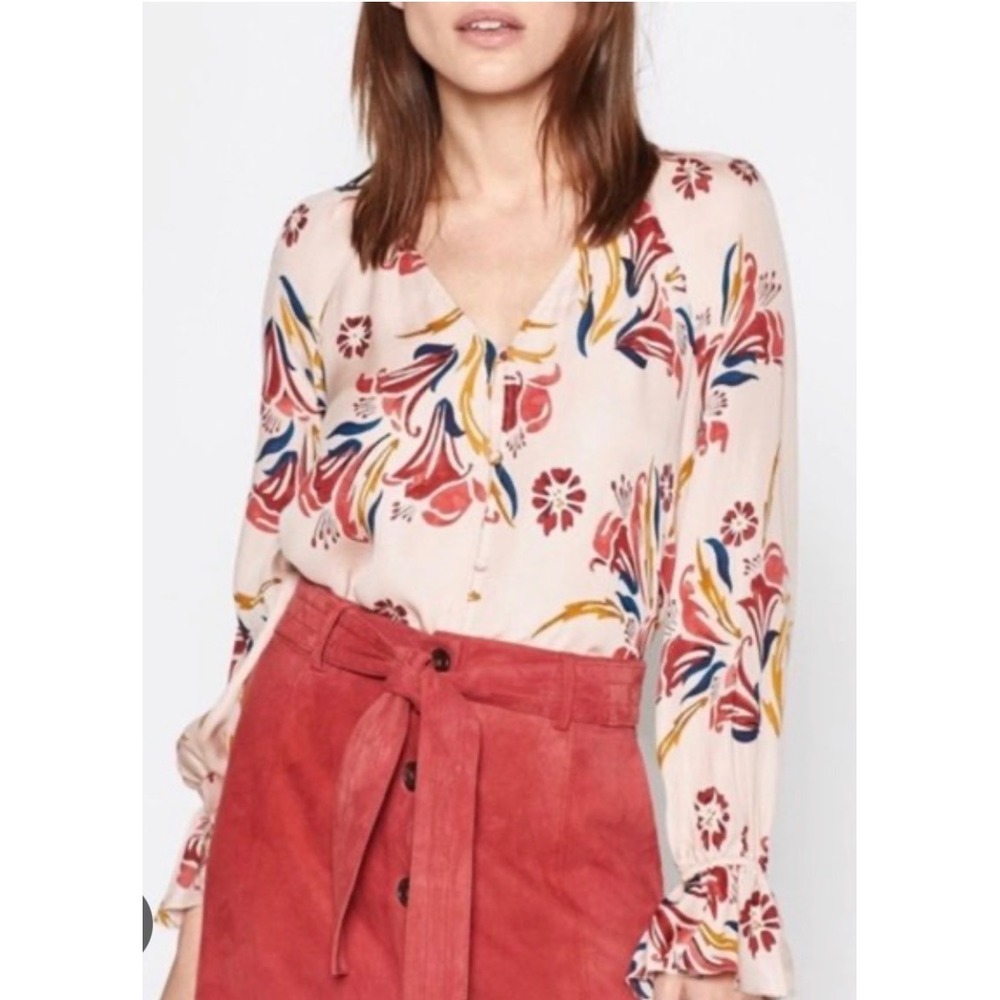 Joie Boyana Blouse Women XS Pink Sky 100% Silk Floral V-Neck Ruffle Cuff NEW